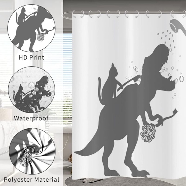 Sjovt badeforhæng 90x180, kat hjælper dinosaur badeværelse badeforhæng børn dreng silhuet sort hvid skygge vandtæt forhæng polyester vaskbar