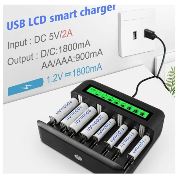 8-paikkainen Nopea LED Yleislaturi, Akkulaturi AA/AAA/C/D NI-MH NI-CD Ladattaville Akuille USB-portilla