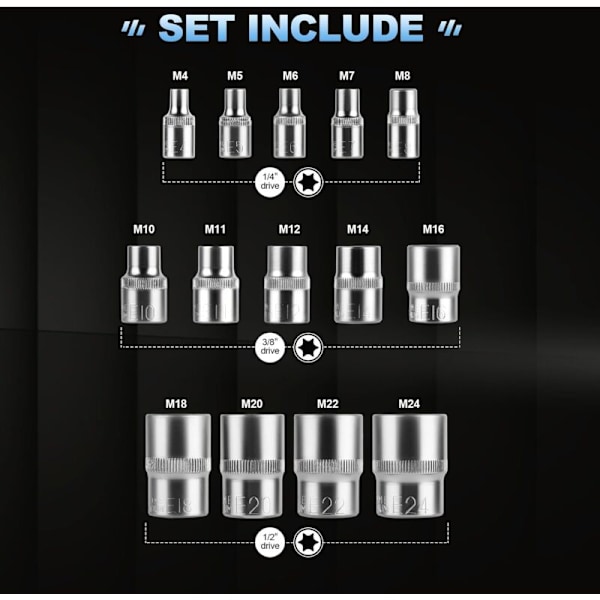 Torx hun 1/4 \"1/2\" topnøglesæt, Profilers' PROFESE E4, E5, E6, E7, E8, E10, E11, E12, E14, E16, E18, E20, E22, E24 med æske nr.