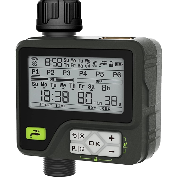 Havevandingstimer med regnsensor, automatisk sprinklertimer, 6 uafhængige programmer