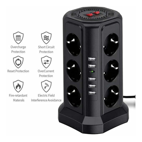 Lyn- og overspændingsbeskyttelsesstrømstikstårn, stikdåse med 5 USB-porte og 12 stikkontakter, stikdåse med og 3 afbrydere, sort