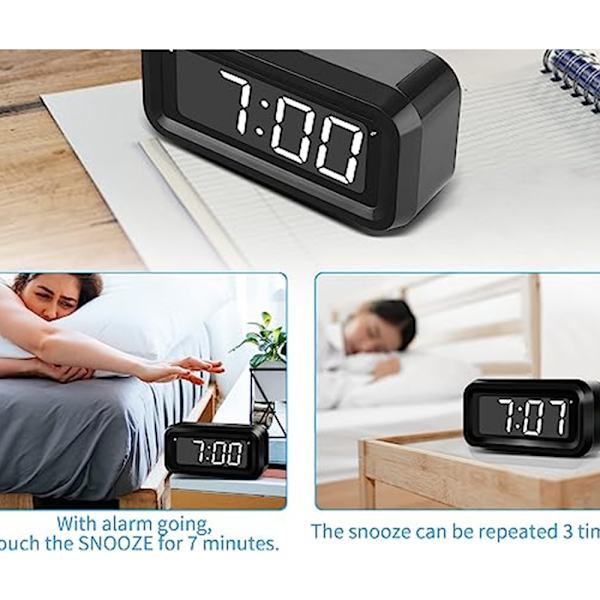 (Hvit) Digital klokke, automatisk nattmodus, 3 LED-lysstyrkenivåer, batteridrevet, 12/24-timers alarmklokke for barn, eldre, tenåringer, soving