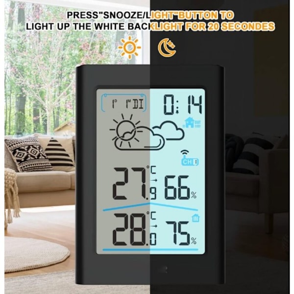 Svart trådlös väderstation, hygrometertermometer, barometer för utomhus- och inomhusbruk med LED-belysning, digital klocka med alarm och snooze