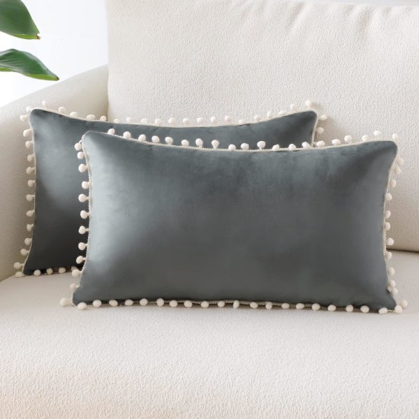 (30x50 cm, Tummanharmaa) 2 koristetyynynpäällistä pehmeästä sametista Pom Poms -tyynyliinat Koti sisustus Tyynynpäälliset Sohva Sänky Tuoli Makuuhuone Olohuone