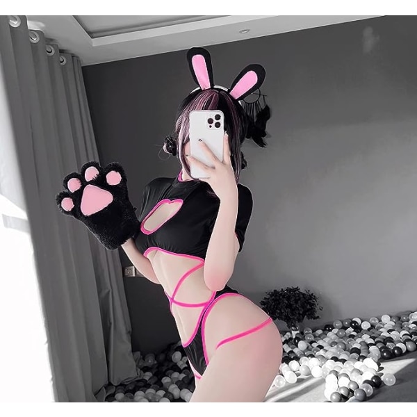 Svart Sexig Kanin Underkläder stygg katt kostym Kawaii anime biki