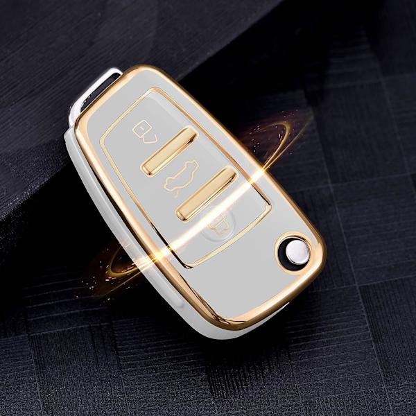 Audi Bilnøgleholder (Guld Kant Hvid), Bilnøgleholder Kompatibel med Audi A1 RS3/R8/Q7/TT/A6L/TTS/SQ Fjernbetjening Beskyttende Etui TPU Silikone.