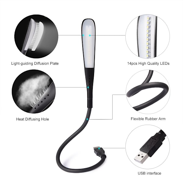 USB LED-lys - bærbar leselampe, LED-nattlys PC-belysningskabel, følsom berøringsbryter, 3 nivåer justerbar lysstyrke, fleksibel svanehals