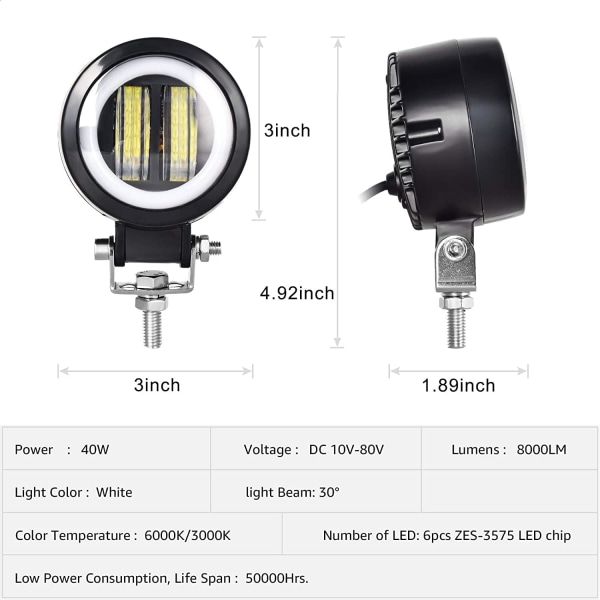 Par 3” Runde LED Tåkelys DRL Angel Eyes 6000K 20W 8000lm 10-80V DC Led Prosjekt Hvit SUV Motorsykler IP68 Vanntett Justerbar Monteringsbrakett