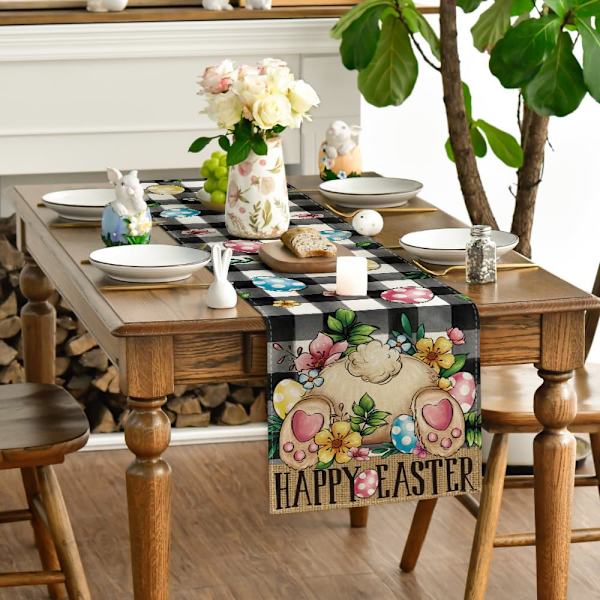 Buffalo Plaid Bunny Egg Blossom Happy Easter Dug, Sæsonbestemt Forårskøkkenbord Dekoration, Perfekt til Hjemmefest Dekoration 13x72 tommer