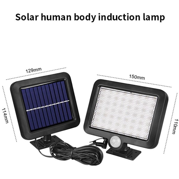 Solcellelamper til udendørs, 56 LED solcellelampe udendørs med bevægelsessensor, IP65 vandtæt, 120 ° lysvinkel, solvæglampe til have med kabel