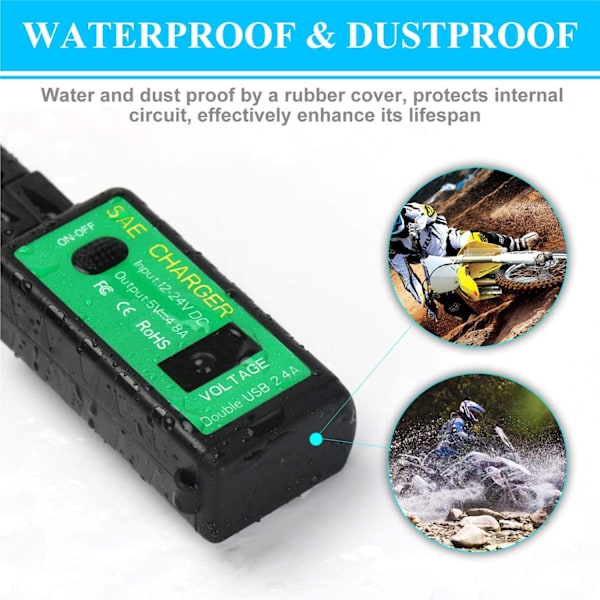 4.8A Motorcykel USB Telefonoplader, SAE til USB Adapter med Voltmeter og Tænd/Sluk-knap, Dobbelt Port Hurtigopladning 3 Strømmuligheder