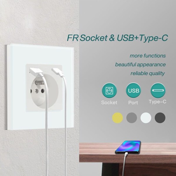 Seinäpistorasia USB- ja Type C -liitännöillä, lasinen pistorasia USB 2.1A virralla 16 Amp 240V 86mm, sopii älypuhelimille ja tableteille (valkoinen)