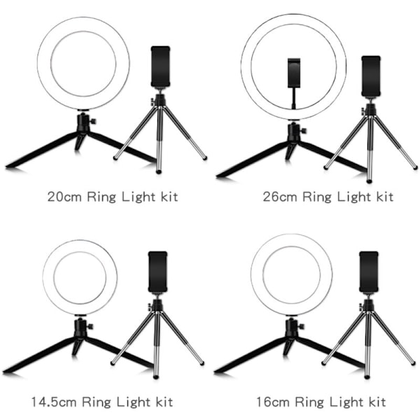 Rund LED-lampe til selfie med mini-stativ, USB-strømforsyning, 10 justerbare lysstyrkeniveauer, variabel intensitet, farvetemperaturændring, 360° rotation