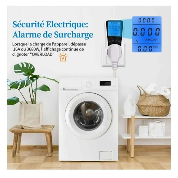 Vit Energimätare Wattmätare Uttag, 7 Lägen Strömmätare Uttag, LCD-Display, Max 3680W(1396666mm)