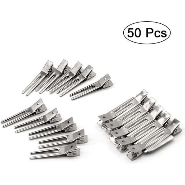 50-pack frisörklämmor med dubbla piggar (silver) 4,5 cm lockfixeringssektion spänne metallkrokodil hårklämma rosett spänne lockar frisörsalong frisör