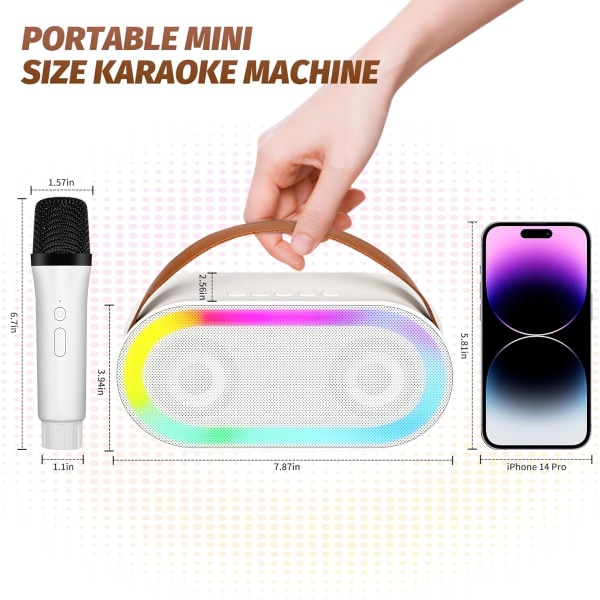 Mini karaokemaskin, bärbar Bluetooth högtalare, karaokemaskin med 2 trådlösa mikrofoner och LED-lampor för hemmafester och utomhusfester (W