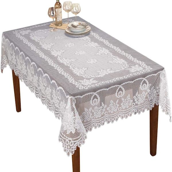 Hæklet hvide blondeduge - Vaskbar polyester jacquard dug til bryllupsfest, restaurant, banket, picnic (hvid, 152 x 228 cm)