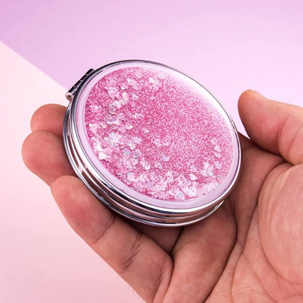 Kompakt spejl, lommespejl, rund dynamisk kviksand dobbeltsidet foldbart bærbart lomme mini makeup spejl (pink)