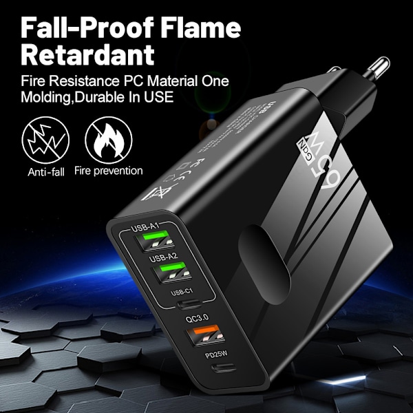 PD65W snabbladdare för mobiltelefon - 5V4A europeisk och amerikansk standard PD+3USB multiportadapter