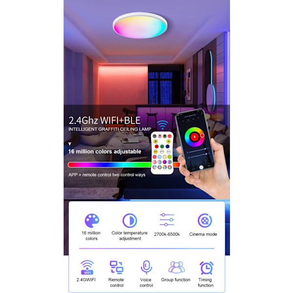 RGBCW taklampe med justerbar fargeintensitet med Bluetooth-fjernkontroll og applikasjon, intelligent stemmestyring, rund taklampe fo