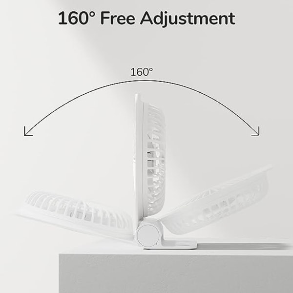 (Valkoinen) Pieni kannettava USB ladattava pöytätuuletin, 160° kallistus, jossa