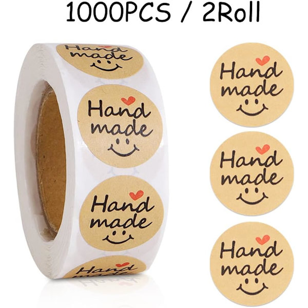 1000 kpl Kraft-paperilahjatunnistetta, \"Handmade\"-pyöreä tarra luonnonvärinen Kraft-paperi (2 rullaa)