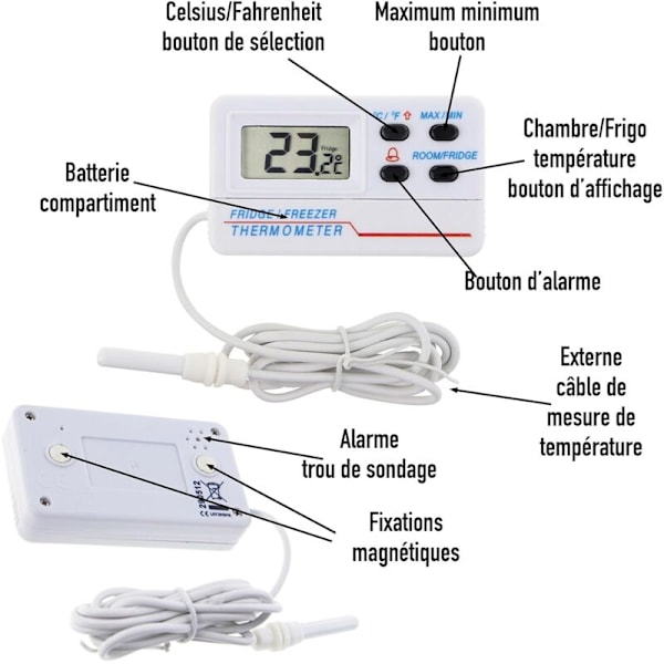 Digital kyl- eller frysskåpstermometer - med alarm - Max min-funktion - 1,2 m kabel
