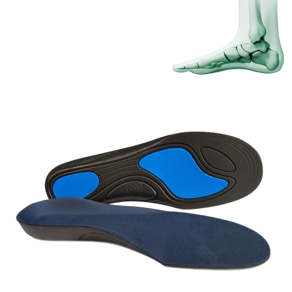 Bue-innleggssåle, utvending av hælen, innvendig og utvendig spredt fot, XO-formet ben, buestøtte, flat fotkorreksjonssåle