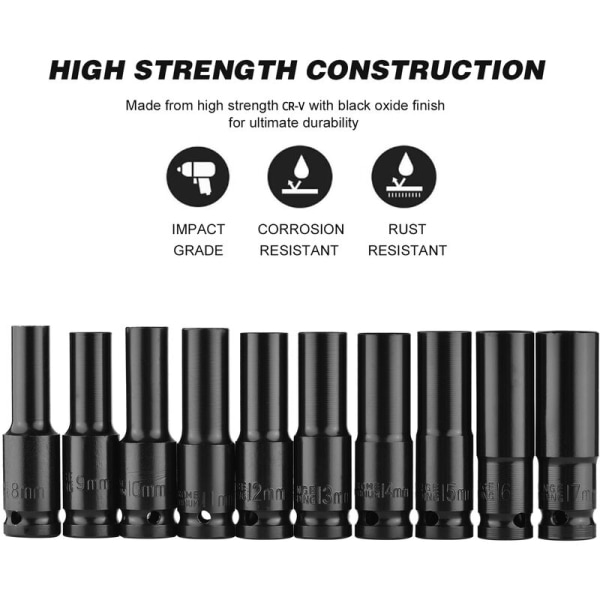 Sæt med 10 pneumatiske forlængerstik 1/2 hex sort