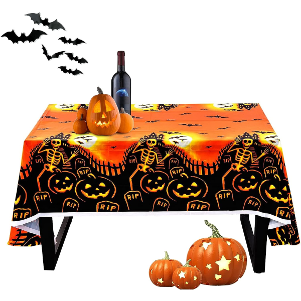 Halloween Tablecloth, 137X274cm Tablecloth Halloween Decoration, Creepy Pumpkin Tablecloth, Rectangle Tablecloth, Halloween Skeleton Tablecloth, Wat