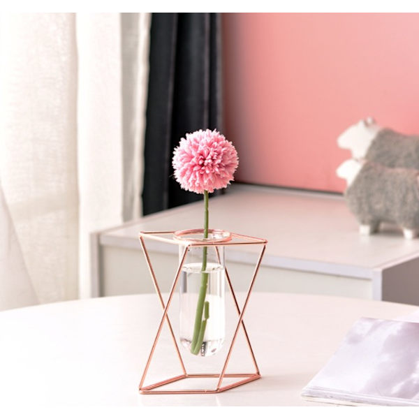 Glasvas med metallstativ, modern geometrisk skrivbordsvas i glas, lämplig för inomhus hydroponiska växter (roséguld, storlek S)