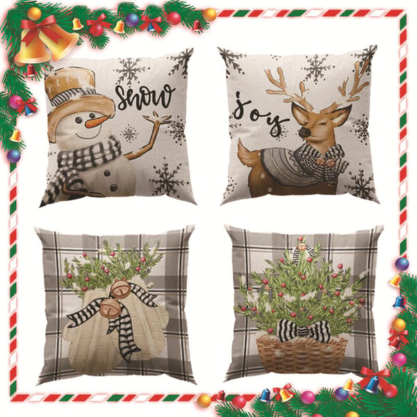 Jul Snöflinga Älg Kudde Linne Tryckt Kuddfodral Soffa Vardagsrum Kuddfodral (4 stycken)