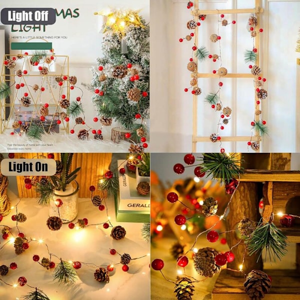 Valosarja männynkäpy, 2m 20led männynkäpyvalaisin, jouluvalosarja punaisilla valoilla ja männynkävyillä, paristot, punainen joulumarjakoriste