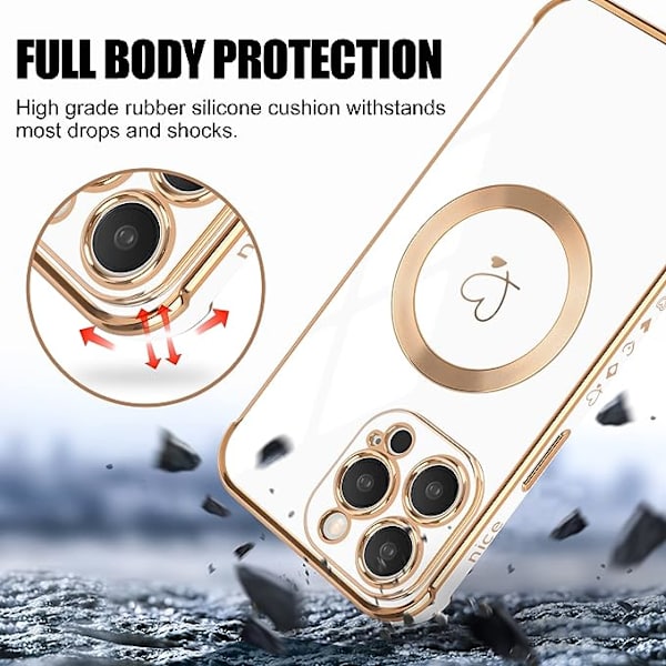 (Hvit) Etui til iPhone 14 Pro Max, søtt hjerteformet magnetisk etui med gullbelagt kant, støtsikkert silikonetui