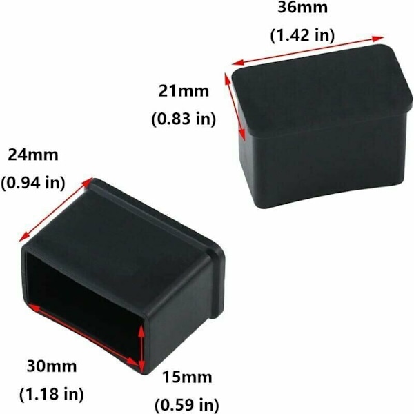 Förpackning med 12 rektangulära gummifilt skyddskåpor för bords- eller stolsben - Svart, 15 x 30 mm