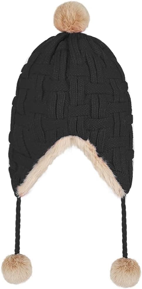 Dam vinter stickad mössa ullfodrad pom pom mössa peruansk mössa varm stickad öronmuffar mössa tjock mössa