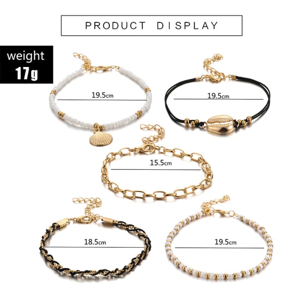5-delt Bohemian Shell Charm Charm Vedhæng Ankel Sæt Sort Læder Kæde Vævet Reb Perle Perle Ankel Kæde Bohemian Strand Kvinder og Piger Smykke