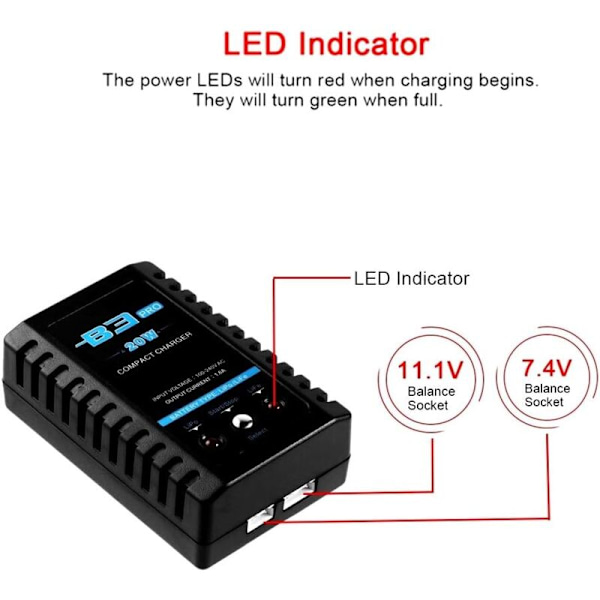 B3 20W 1.6a Pro Balance Oplader til 2S 3S 7.4V 11.1v Lithium Lipo Batteri Mini Bærbar RC Fly Oplader - Sort