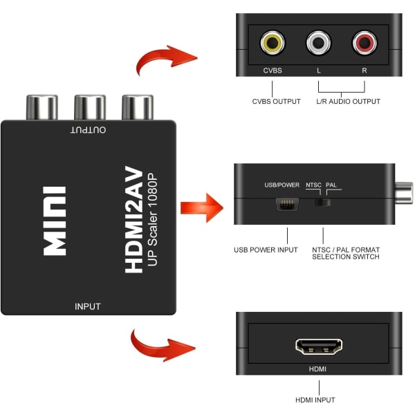 HDMI till AV-adapter, HDMI till 3RCA komposit CVBS video- och ljudkonverter, stödjer PAL/NTSC med USB-kabel, kompatibel med PC/bärbar dator/Xbox/PS4/PS3/TV/DVD Ca