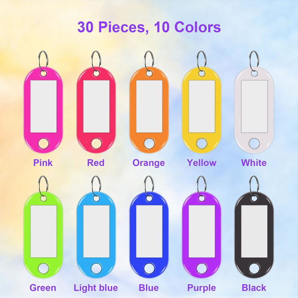 30 nøglebrikker, 10 farver plastiknøgleringe, skrivbare tagholdere fo