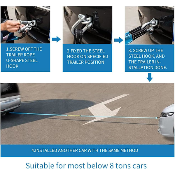 8 Ton Bil Tauing Tau (4 Meter), 18000LB Tauingstropp Nødsituasjon Tauing Kabel med Refleksstripe Sikkerhetskroker