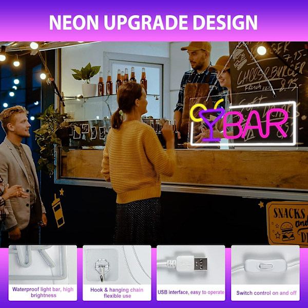 Neon LED Deko, BAR Lysskilt（Rød Hvid）, 42×22×2CM Neon Lysskilt Bar LED Skilt med USB Stik til Bar, Ingen Sendekæder，Husbar, Klub, Pub, Butik af