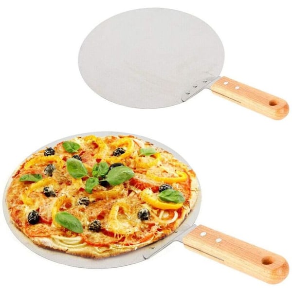 25,5 cm Rund Pizzaspade i Rustfrit Stål med Træhåndtag til Bagning af Pizza, Brød, Kager og Småkager