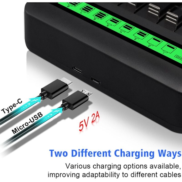 LCD universal batterioplader med 8 pladser og USB-port
