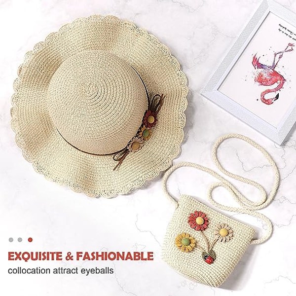 (Beige) Halmhattar Flickor Sol och Liten Väska Set med Blomdekoration Anti-UV Sommarhatt för Barn Strand Resor Vandring 3-7 År Gamla