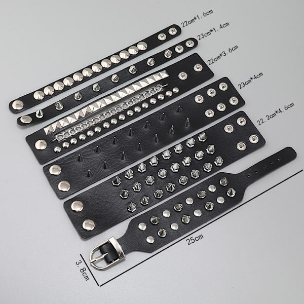 6 stk lær studded punk armbånd for menn, kvinner, 80-talls studded armbånd, gotisk punk rock armbånd, studded studded bangle, unisex metall, for H