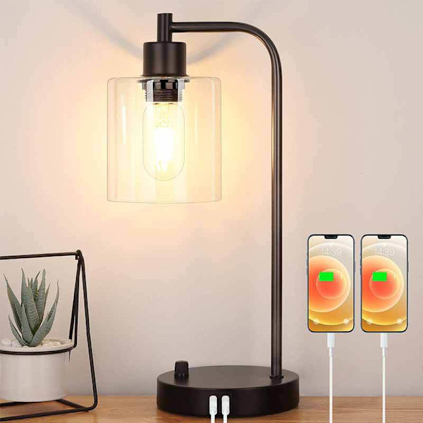 Dimbar skrivbordslampa liten svart industriell LED med USB-laddningsbar glasskärm för sovrum vardagsrum hemmakontor