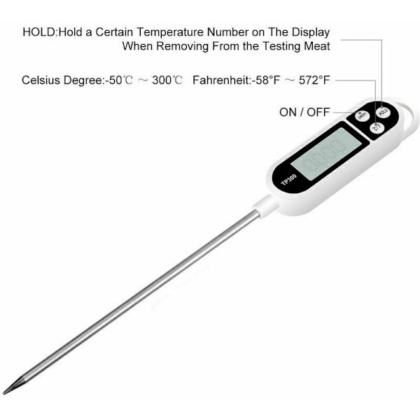 Digitalt kjøkkentermometer, termometer for hjemmebruk, matlagingstermometer, lang probe, korrosjonsbestandig, °C/°F byttbar for kjøkken, grill