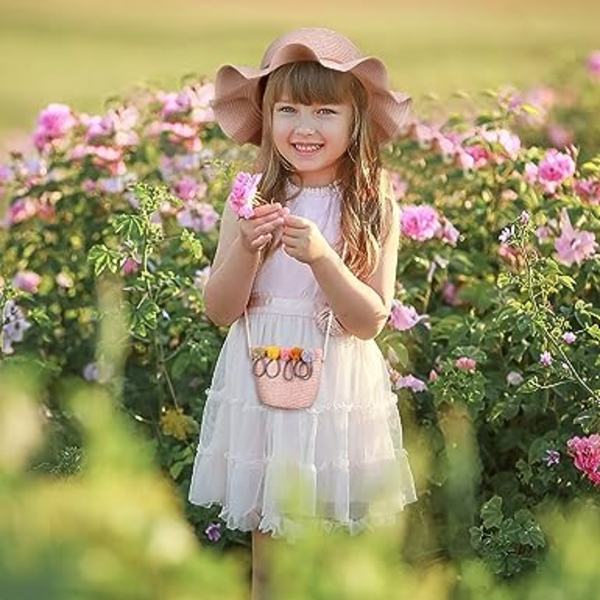 Flicksolhatt för flickor 3-7 år Barn Sommar Halmhattar och Liten Väska Set med Blomdekoration för Strand Resa Vandring