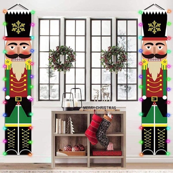 2-pack Jul Nötknäppare Banner (30 x 180 cm), Dörrskylt, Nötknäpparsoldat Dörr med LED-lampor Jul Veranda Banner, för Julhelgsfest